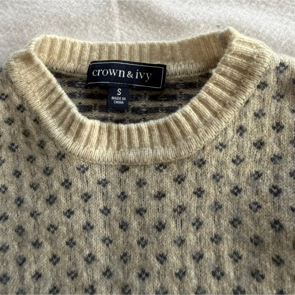 Crown & Ivy Mens Lambswool Crewneck Sweater Cream Navy Blue Small - Picture 4 of 6